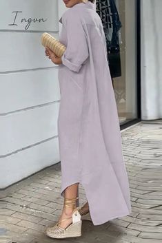 Details: Material: Polyester Style: Casual Pattern Type: Solid Element: Buttons Neckline: Turndown Collar Silhouette: Shirt Dress Sleeve Style: Regular Sleeve Sleeve Length: Long Sleeve Fit Type: Loose Clothing Length: Long Type: Solid Color Size(in) Bust Dresses Length Sleeve Length S 49.6 55.5 20.9 M 51.2 55.9 21.3 L 53.5 56.5 21.7 XL 55.9 57.1 22 Tips:Due to the many variations in monitors, the color in the image could look slightly different, please take physical design and color shall prevail.Please allow 0.4"-1" differs due to manual measurement. Solid Color Long Sleeve Maxi Dress For Vacation, Long Sleeve Solid Color Maxi Dress For Beach, Beach Maxi Dress With Pockets And Long Sleeves, Long Sleeve Shift Maxi Dress Solid Color, Long Sleeve Maxi Dress With Pockets For Vacation, Collar Shirt Dress, Loose Clothing, Collared Shirt Dress, Dress Sleeve Styles