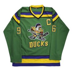 an old hockey jersey with ducks on the front and blue, yellow and green stripes