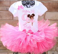 "This beautiful birthday tutu outfit comes with a pink tutu as well as a personalized ballerina birthday shirt.  A pink satin bow is attached to the shirt and tutu.   All tutus are made with high quality tulle and a 1\" non-roll waist band.  I make all my tutus very full and fluffy.  I put as much tulle as I can possibly fit.  The shirt is made with a professional heat press, NOT a home iron.  Personalization is included at no additional cost. Please note, heat pressed shirts may become distress Pink Fitted Tutu Dress For Birthday, Tutu Size Chart, Heat Press Shirts, Ballet Birthday, Ballerina Birthday Parties, Birthday Tutu Outfit, Ballerina Birthday, Birthday Party Outfits, Beautiful Birthday