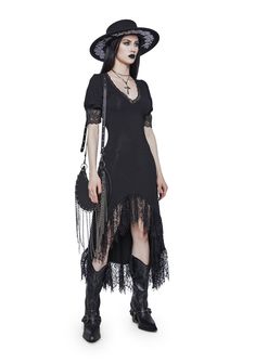 cuz the moonlight moves at your command. You're the dark hour's muse in this soft stretch jersey maxi dress that has a V-neckline, short puff sleeves, and a high low hemline with elegant lace trim. Goth Sundress, Goth Looks, Occult Clothing, Brides Dresses, Jersey Maxi Dress, Goth Look, Romantic Goth, Veil Brides, Maxi Jersey Dress