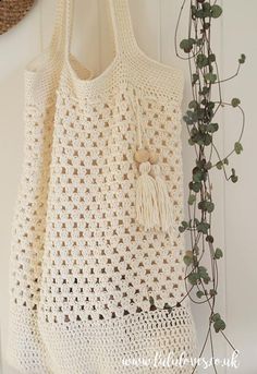 two crocheted bags hanging on the wall next to a plant with green leaves