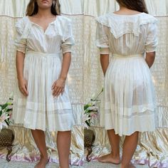 "stunning, voluminous edwardian cotton voile lawn dress with inset lace panels. puff sleeves, the sweetest sailor collar, and a full, tiered skirt. era: 1910s size: best fits small. model is 5'4\" 34/27/38 measurements: 12\" shoulder to shoulder 38\" bust 27.5\" waist free hips 37\" shoulder to hem fabric content: cotton condition: very good - a light stain at back skirt and a few small pinholes." Victorian Summer Dress With Ruffles, Summer Victorian Dress With Ruffles, Vintage White Victorian Day Dress With Ruffles, Vintage White Victorian Dress With Ruffles For Daywear, Cottagecore Victorian Dress With Ruffles For Daywear, Cottagecore Victorian Dress For Daywear, Victorian Style Ruffled Vintage White Dress, Victorian Vintage White Dress With Ruffles, Victorian Vintage White Ruffled Dress