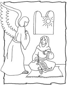 the nativity scene is outlined in black and white, with an angel kneeling down