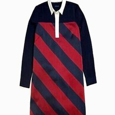 Tommy Hilfiger Icon Rugby Silk Dress - Navy Blue & Burgundy Stiped Long Sleeves Hard To Find The Navy Blue Long Sleeves, As Worn By Hailey Bieber. This Was Stored Away, New With Tags, Never Worn. Size Xs Measures Approximately: 14" Shoulder To Shoulder 15.5" Pit To Pit 36" Length 24" Sleeve Inventory #Th130 Blue Long Sleeve Preppy Dress, Long Sleeve Dress With Striped Collar For Daywear, Casual Long Sleeve Tommy Hilfiger T-shirt, Tommy Hilfiger Navy Sporty Tops, Blue Sporty Tommy Hilfiger Tops, Tommy Hilfiger Red Long Sleeve Shirt, Red Long Sleeve Tommy Hilfiger Outerwear, Black And Silver Dress, Tommy Hilfiger Dresses