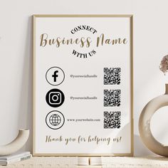 a poster with the words connect, business name and qr code on it next to a vase