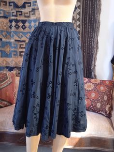 "Item Arrives within about 3- 4 days. Please ignore automatic calculator. Wonderful Skirt that belonged to me and given to me by my mom's BFF Ruthy.  She was married to a famous artist and bought this in Paris.  Wonderful Taffeta with embossed velvet flowers.  Sweep is huge and a full circle.  Side zipper.   Excellent condition, I wore it many times and gently. Size is XS. 22\" around wait about 28\" from waist to hem" Vintage Evening Pleated Skirt, Vintage Pleated Skirt For Evening, Vintage Long Skirt For Festival, Vintage Flared Skirt For Evening, Vintage Evening Lined Skirt, Vintage Fitted Skirt For Festival, Vintage Costume Gathered Skirt, Vintage Gathered Skirt For Costume, Vintage Full Skirt For Costume