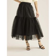 The fine, mesh texture of the Tulle Dot Midi Skirt by Scoop is instantly on-trend, but youll love it for many more reasons. Designed in a flattering mid-calf length, its demure enough for workjust add classy contrast with our Double Breasted Blazer (sold separately). On weekends, its a gauzy dream worn with a tank top or tee for an edgy vibe or top with a silky blouse for date night. Only at Walmart. Size: 1X.  Color: Black.  Gender: female.  Age Group: adult. Plus Size Pencil Skirt, Mesh Texture, Tiered Skirts, Skirts Midi High Waisted, Silky Blouse, Suspender Skirt, Chiffon Skirt, Breasted Blazer, Double Breasted Blazer