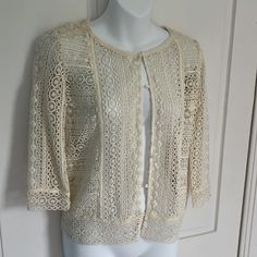 Exquisite White Lace Cardigan With Concealed Buttons 100% Cotton Nwt Maje Size 2 Equals Us Size M Pit To Pit Approx 18” Length From Shoulder To Hem 21” Sleeve Length 16 1/2” New To Poshmark? Please Use My Referral Code: Abigailnyc For $10 Off On Your First Purchase. Thank You! And Happy Poshing! Elegant Cream Open Knit Cardigan, Elegant White Open Knit Cardigan, Elegant Fitted Open Knit Cardigan, Elegant Spring Open Knit Outerwear, Elegant Open Knit Outerwear For Spring, Vintage Open Knit Cardigan For Spring, Vintage Summer Cardigan For Layering, Chic Lace Cardigan, Fitted Crochet Lace Cardigan For Spring