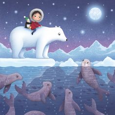 a boy riding on top of a polar bear in the ocean surrounded by sealions