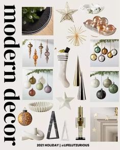 the cover of modern christmas decor book, with ornaments and decorations hanging from it's sides