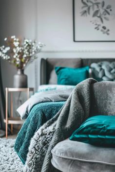 Teal and Grey Bedroom Ideas for a Chic Space Teal Closet Ideas, Teal Gray And Gold Bedroom Ideas, Bedroom With Turquoise Accents, Soft Grey Bedroom Ideas, Charcoal Grey Bed, Grey And Turquoise Bedroom, Grey Teal Bedrooms, Turquoise Grey Bedroom