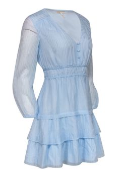 This Maje light blue mini dress showcases delicate ruffles and pleated tiers that flow with your movements, creating a dream-like aesthetic that's difficult to ignore while the deep v-neckline and elastic cuff long sleeves elevate the elegant appeal of this lightweight plain woven fabric. Ideal for garden parties or weddings, pair with sandals & a standout necklace for a fairy tale-inspired look. Size 2 (FR 34) Shell 64% Lyocell 36% Polyamide Lining 100% Viscose Pleated throughout Tiered ruffle Light Blue Ruffled V-neck Mini Dress, Light Blue V-neck Mini Dress With Ruffle Hem, Light Blue V-neck Mini Dress With Ruffles, Spring Tiered V-neck Dress With Ruffles, Blue V-neck Tiered Dress With Ruffle Hem, Spring V-neck Dress With Layered Hem, Chic Blue Mini Dress With Tiered Skirt, Blue Mini Length Tiered Summer Dress, Spring Fitted Layered Mini Dress