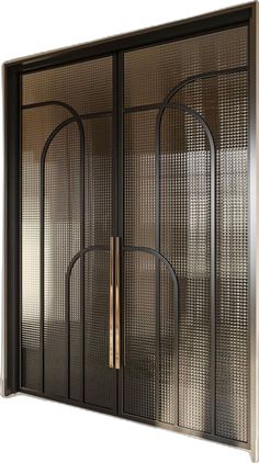 an iron and glass cabinet with two doors on each side, one door open to reveal the