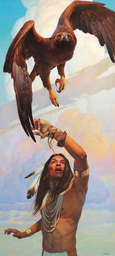 a painting of a native american man holding an eagle on his arm with another person in the background