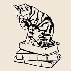 a drawing of a cat sitting on top of a stack of books with its paw in it's mouth