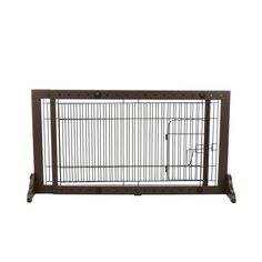 a brown dog gate with two doors and one door open, on a white background