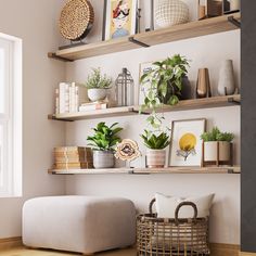 a living room with shelves filled with plants and pictures on it's wall above a footstool