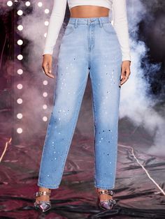 High Waist Splash Ink Print Mom Fit Jeans Blue    Denim Plain Tapered/Carrot Non-Stretch  Women Clothing, size features are:Bust: ,Length: ,Sleeve Length: Jeans Outfit Spring, Jean Mom, Summer Festival Outfit, Jeans Mom, Women Denim Jeans, Kids Beachwear, High Jeans, High Waist Jeans, Fit Jeans