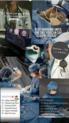 the collage shows doctors in scrubs and medical gowns working on an operating machine