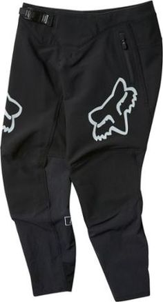 a pair of black pants with white fox logos on the front and side pockets,