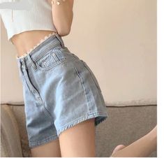 Lace Waist Denim Shorts Jeans – Nada Outfit Land Lace Denim Shorts, Denim Pants Fashion, Summer Shorts Denim, Korean Streetwear, Casual Bottoms, Summer Streetwear, A Line Shorts, Shorts Summer, Blue Denim Shorts