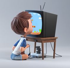 a cartoon character sitting on the ground next to a small tv set with a game playing on it