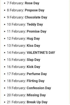 a table with the dates for valentine's day and other things to do on valentine's day