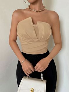 Caqui Elegante Collar sin mangas Tela tricotada Liso  Embellished No-Elástico Crop Tops Elegantes, Crop Top Elegantes, Sleeveless Crop Top Outfit, Crop Top Elegante, Elegant Crop Top, Tight Crop Top, Boss Outfit, Fashion Project, Crop Top Outfits