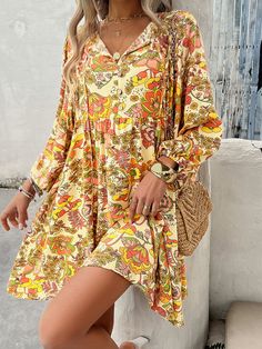 Women's 2024 Summer Bohemian Dress Floral Print V-Neck Long Sleeve Holiday Dress Cotton Dress Boho Print Midi Dress For Fall Vacation, Fall Vacation Boho Print Midi Dress, Fall Boho Print Midi Dress For Vacation, Spring Beach Dress With Notched Neckline, Multicolor Split Neck Spring Dresses, Floral Print Split Neck Mini Dress For Spring, Spring Multicolor Mini Dress With Split Neck, Spring Vacation Dress With Split Neck, Spring Shift Midi Dress With Split Neck