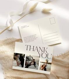 two wedding thank cards with the words thank you written in black and white on them