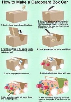 instructions for how to make a cardboard box car with pictures on the inside and out