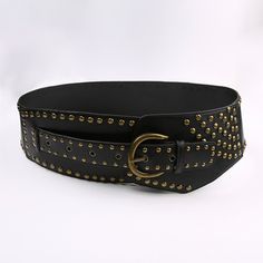 Enhance your look with our Punk Rivet Wide Faux Leather Belt. This retro and vintage design embodies punk style, featuring buckle closure and rivet decorations for a sophisticated touch. Made of black faux leather, this belt is a versatile accessory to elevate any outfit with edge and flair. Retro and vintage design Buckle closure Rivet decorations Black faux leather Wide belt Size: 43 in (110 cm) Adjustable Black Belts With Rivets, Black Leather Belts With Rivets, Black Leather Belt With Rivets, Black Punk Belt With Rivets, Leather Party Belts With Buckle Closure, Leather Belts With Buckle Closure For Party, Leather Belt With Buckle Closure For Parties, Party Belts With Rivets, Trendy Black Belts With Rivets