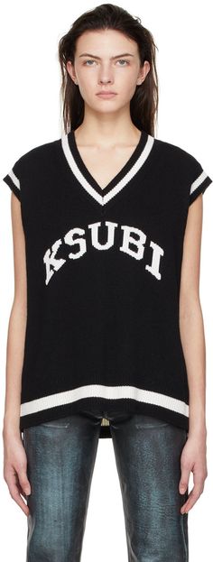 Knit wool-blend sweater. · Intarsia knit logo at front · Rib knit V-neck, armscyes, and hem Supplier color: Multi color | Ksubi Black Kommunity Vest Knit Logo, Wool Blend Sweater, Accessories For Women, Luxury Streetwear, Rib Knit, North America, Wool Blend, Outfit Inspirations, Cashmere