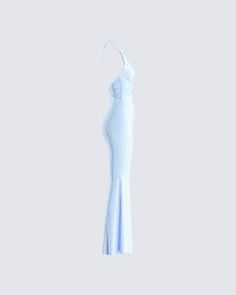 Prepare to be treated like royalty with this baby blue beaded maxi dress 💙 Made from beaded fabric, and complete with a mermaid silhouette, ruching details, and a low open back for an elegant, sleek, and top-tier look 🤩 White Corset Dress, Beaded Maxi Dress, Beaded Fabric, Yellow Mini Dress, Rhinestone Top, Mesh Maxi Dress, White Corset, Sequin Mini Skirts, Mermaid Silhouette