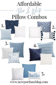 blue and white pillows with text overlay