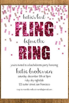 a pink and white party card with the words fling before the ring on it