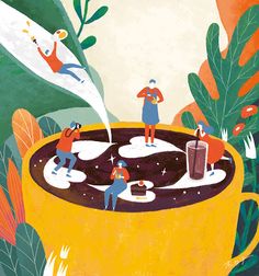 an illustration of people in a coffee cup surrounded by plants and other things on the ground