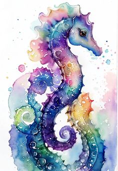 a watercolor painting of a sea horse with bubbles on it's body and tail