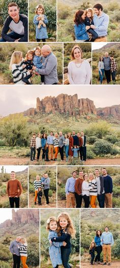 a collage of people standing in front of mountains and trees with their arms around each other