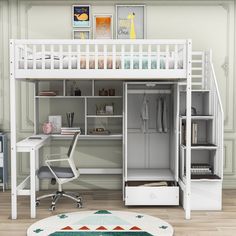 a white loft bed with desk underneath it