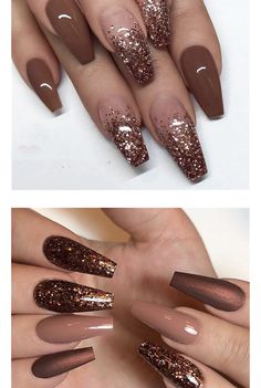 Bronze Nails Designs, Brown Acrylic Nails, Gold Acrylic Nails, Brown Nails Design, Fall Gel Nails, Pretty Nail Art Designs, Nail Designs Glitter, Brown Nails, Coffin Nails Designs