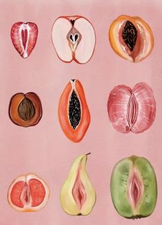 a painting of different types of fruit on a pink background