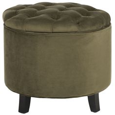 a round ottoman with wooden legs and a buttoned up seat on the bottom, in a