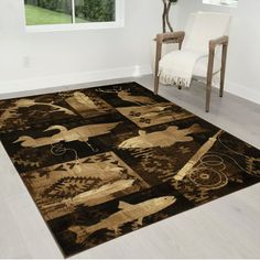 an area rug in the middle of a room with a chair and window behind it