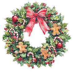 a watercolor christmas wreath with candy canes, holly leaves and gingerbreads