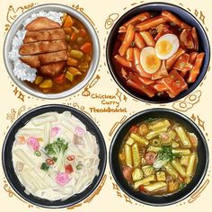 four bowls filled with different types of food