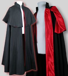 Well-made black cloaks with caplet lined in red satin . The outer fabric is cotton, made in USA. The inner fabric is satin from Japan. This type of cape is a Victorian style so it's perfect for steampunk, victorian costuming. It works well as a dracula cape. I also make this in other colours. I own Garb the World (dot com) which sews all items here in the USA mostly with fabric also made in the USA. Thanks for looking. Gothic Cape Outerwear For Costume Party, Gothic Cape Outerwear For Costumes, Fitted Gothic Cape For Costume, Fitted Gothic Cape For Costume Party, Vampire Cape For Winter Costume Party, Vampire Cape For Costume Party In Winter, Vampire Style Cape For Costume Party In Winter, Vampire Style Cape For Costume Party And Winter, Gothic Red Outerwear For Halloween