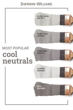 four different shades of paint with the words most popular cool neutrals on each side