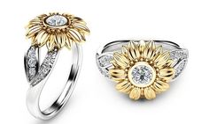 Up To 87% Off on 925 Sterling Silver Floral Ri... | Groupon Goods Sunflower Colors, Sunflower Ring, Ring Settings Types, Couple Ring, Sunflower Design, Zircon Ring, Diamond Flower, Gold Plated Rings, Couple Rings