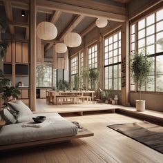 a living room filled with lots of windows and furniture next to a wooden floor covered in potted plants